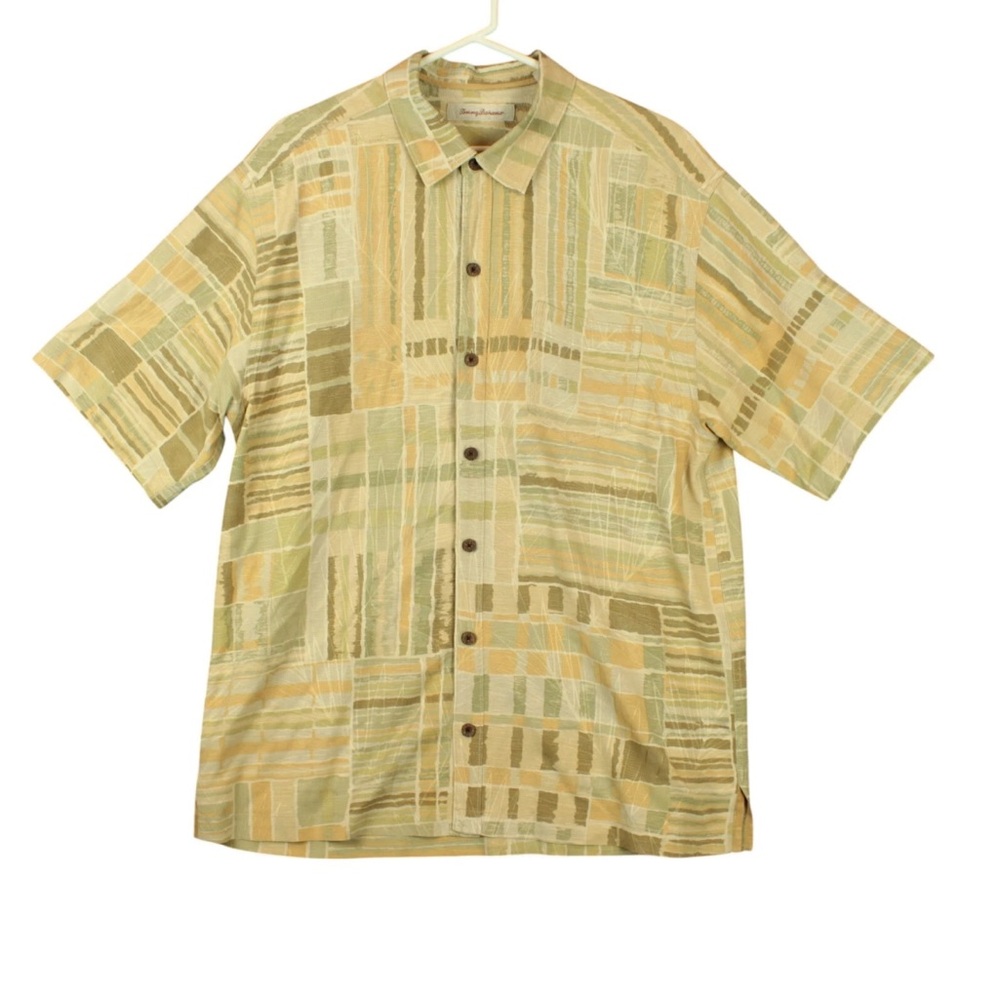 TOMMY BAHAMA Hawaiian Silk Camp Shirt Mens Size Large Beige Color Block Y2K
